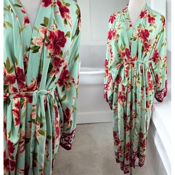 Soft Surroundings Other - Soft Surroundings Floral Robe Kimono Sleeves Aqua Teal Belted USA Plus Size 2X